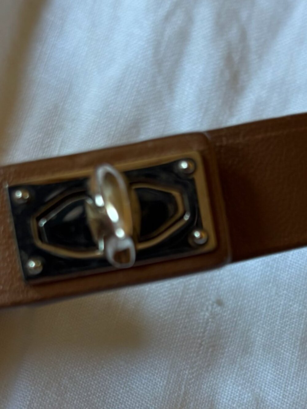 Givenchy Tan Leather Shark Tooth Lock Pale Gold Tone Bracelet